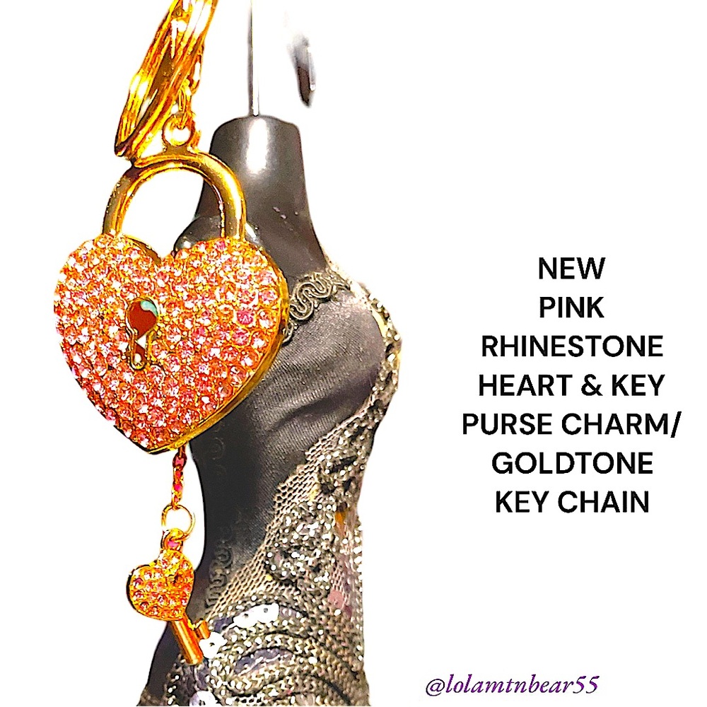 NEW PINK RHINESTONE HEART & KEY PURSE CHARM/KEY CHAIN- 5.75” LONG-2”W GOLDTONE